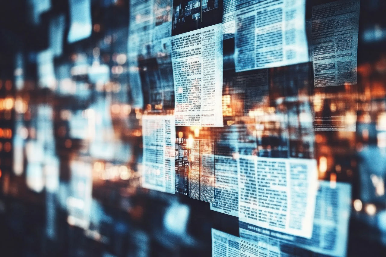 This image features a dynamic arrangement of newspaper articles stacked and blurred, capturing the essence of modern communication and information flow in a digital world.